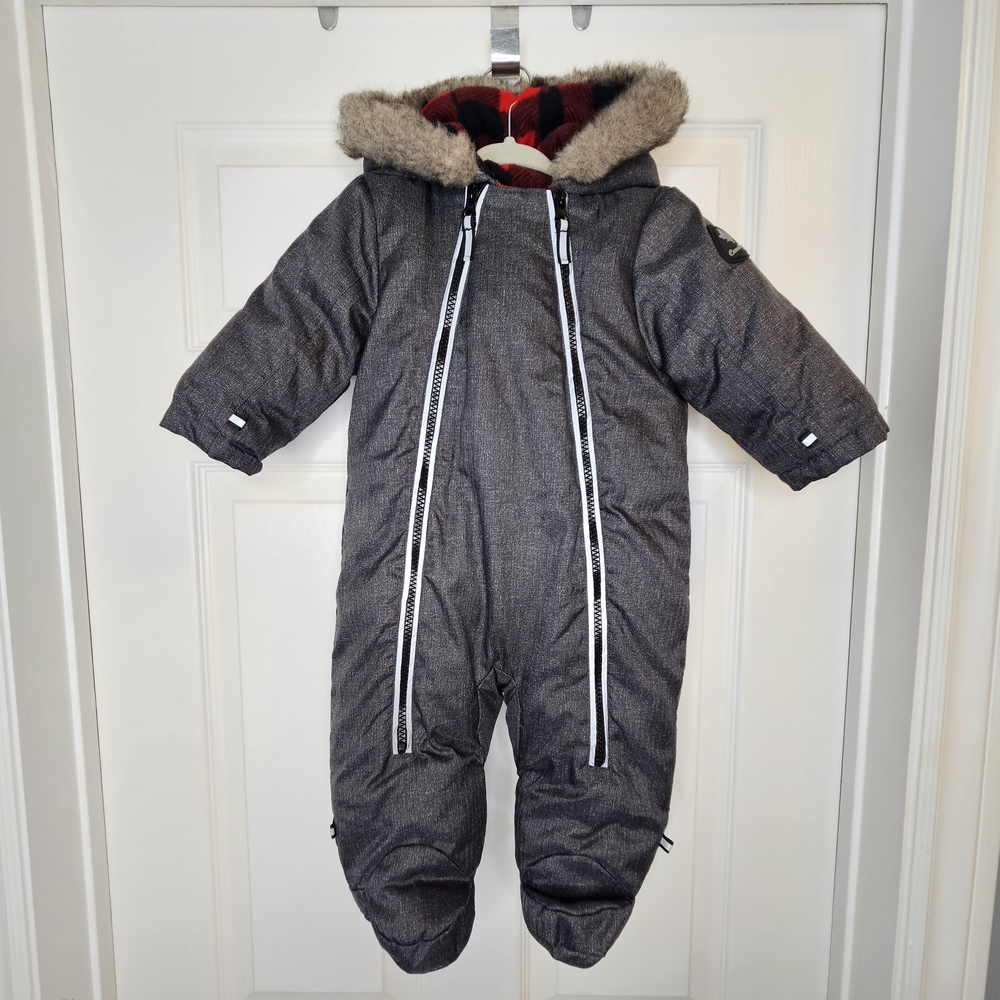 Canadiana Baby Snowsuit 3-6M Grey Bunting Suit Buffalo Plaid Fleece Lined Cozy